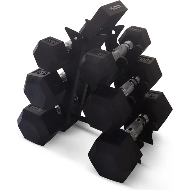 HolaHatha Hexagonal Dumbbell Free Hand Weight Set w/Rack, 5/10/15 Set