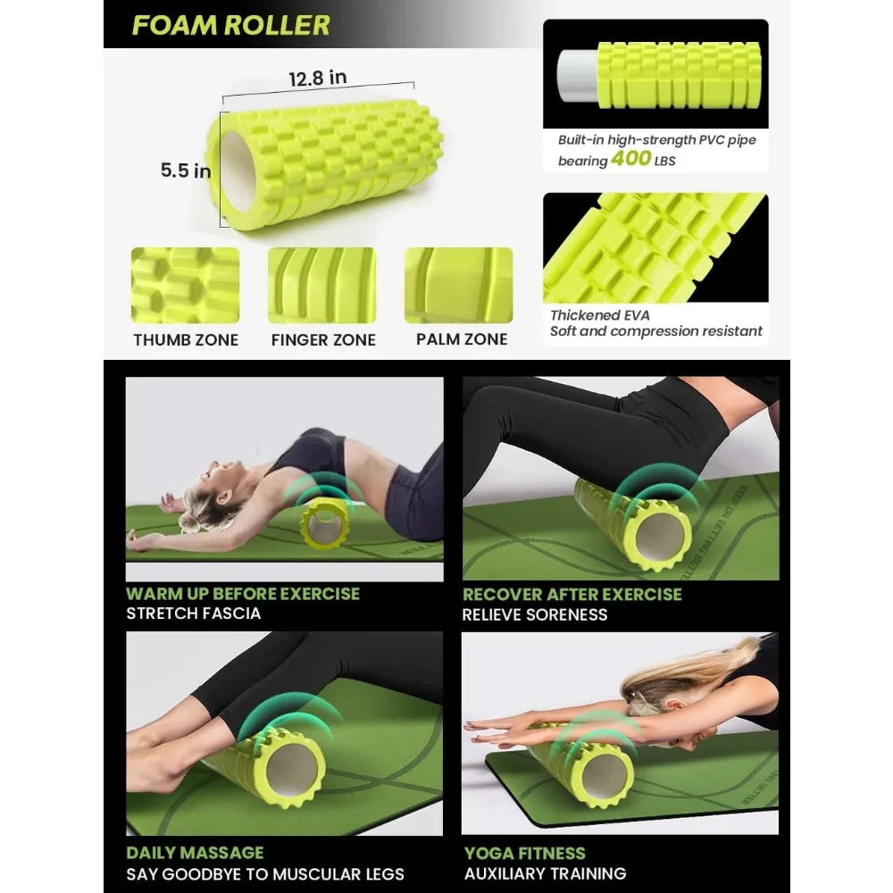 Carzo Yoga Starter Kit 12 in 1 With Mat Foam Roller 4 Resistance Bands Blocks 2 Pack Strap Peanut Massage Balls