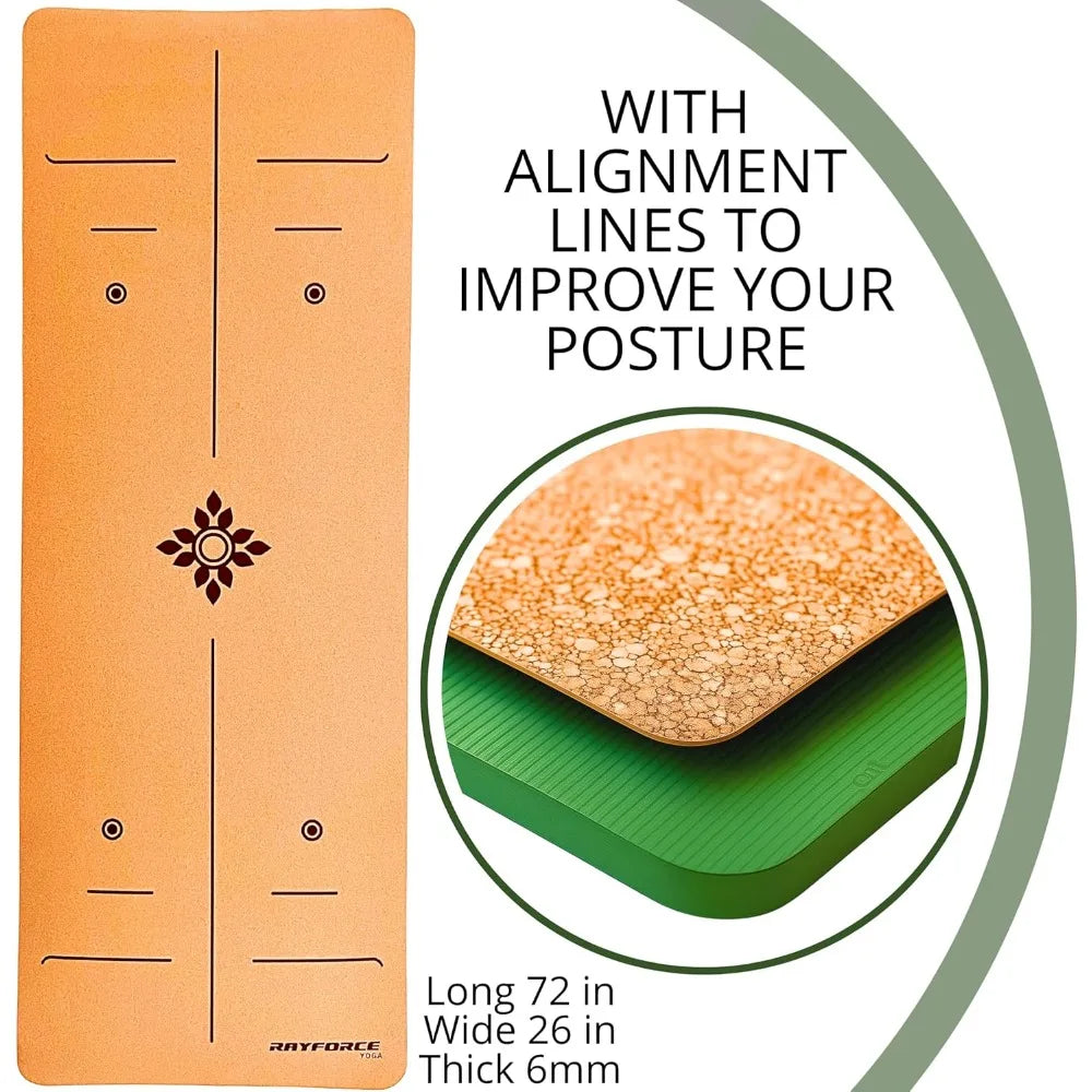 Premium Cork Yoga & Pilates Mat 72x26in, 6mm – Non-Slip XL Exercise Mat with Alignment Lines, Extra Cushion & Carry Strap (Green