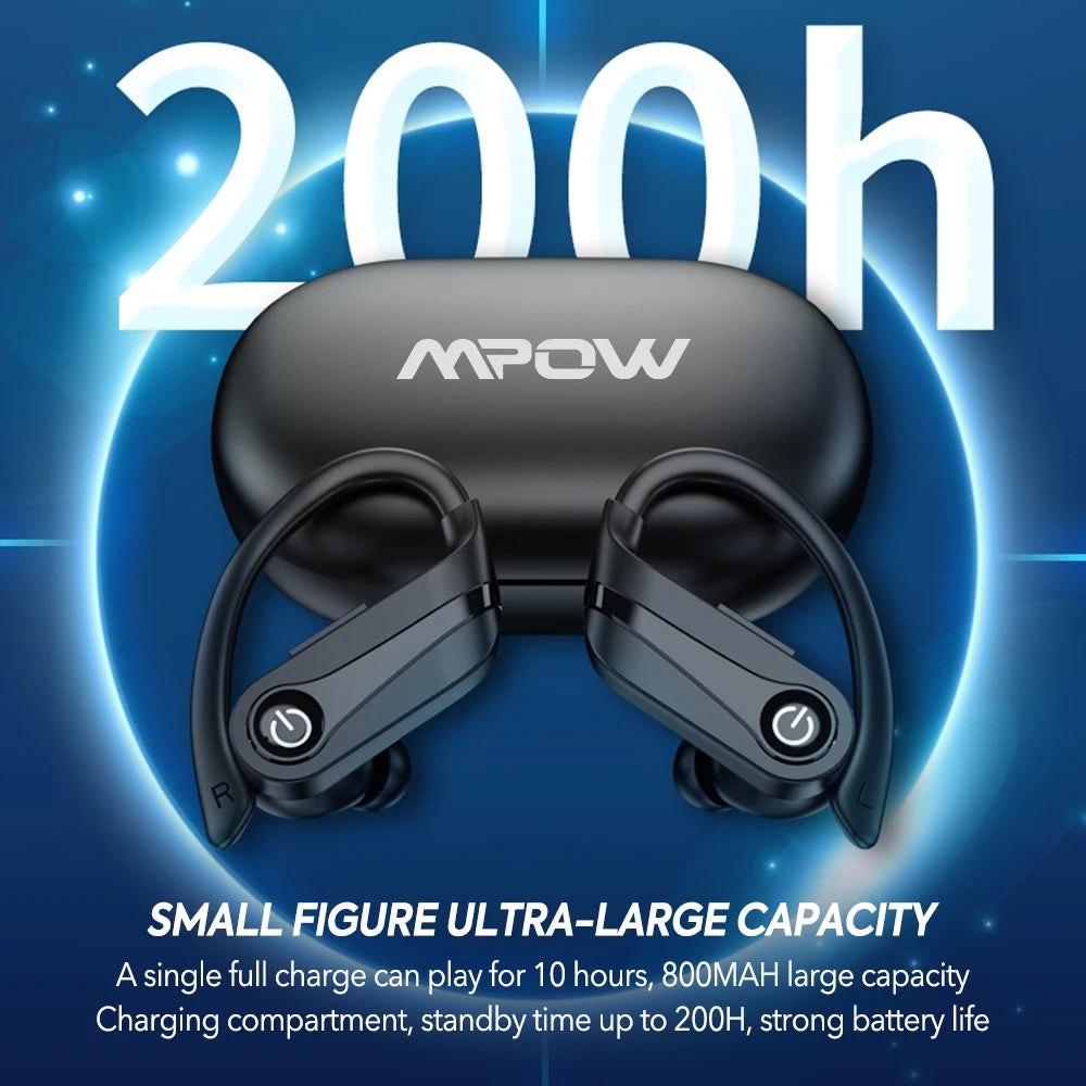 Mpow Q63 Bluetooth 5.3 Wireless Earbuds with Mic IPX7 Waterproof 200H Earphones with Hooks for Sports Running Workout Gym