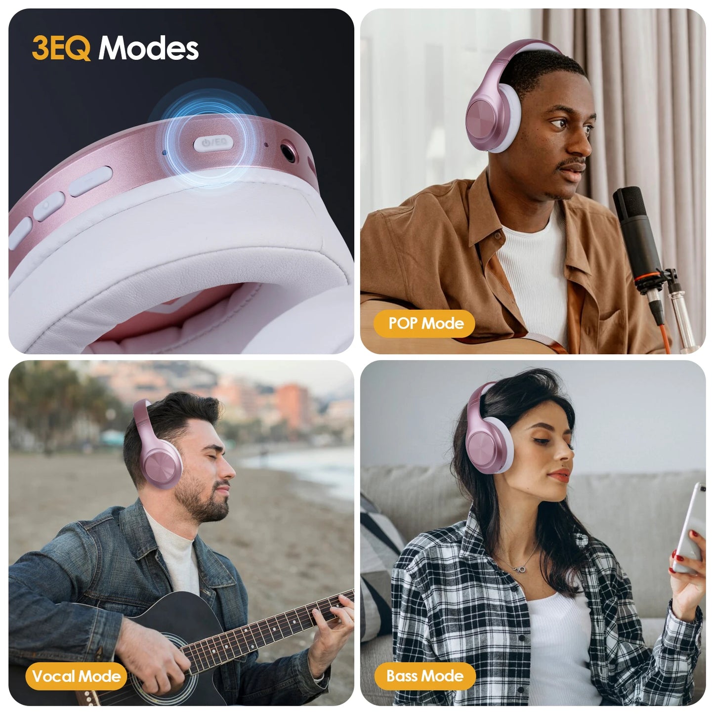 Siindoo JH-923 Foldable Bluetooth Headsets Wireless Headphones Over Ear 3EQ Sound Modes Hi-Res Audio with Mic Deep Bass Rose Red