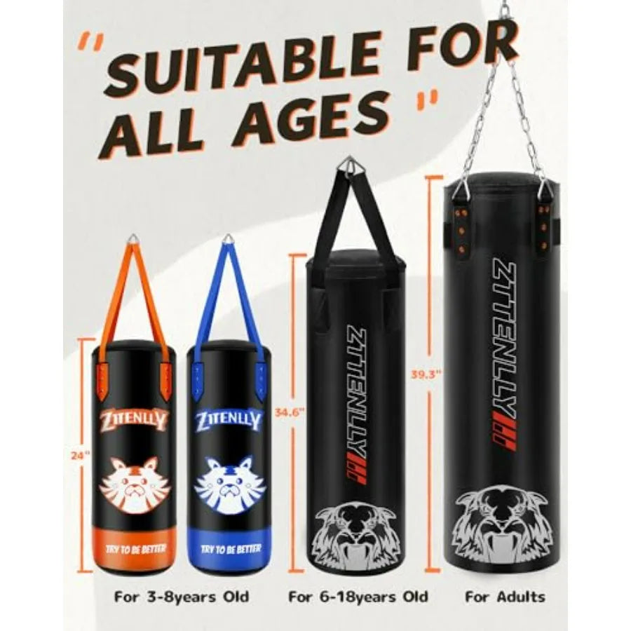 Punching Bag with Gloves - PU Leather Adjustable Hght Strap - Boxing Bag Set for 3-8 Years Great for Boxing MMA Kickboxing