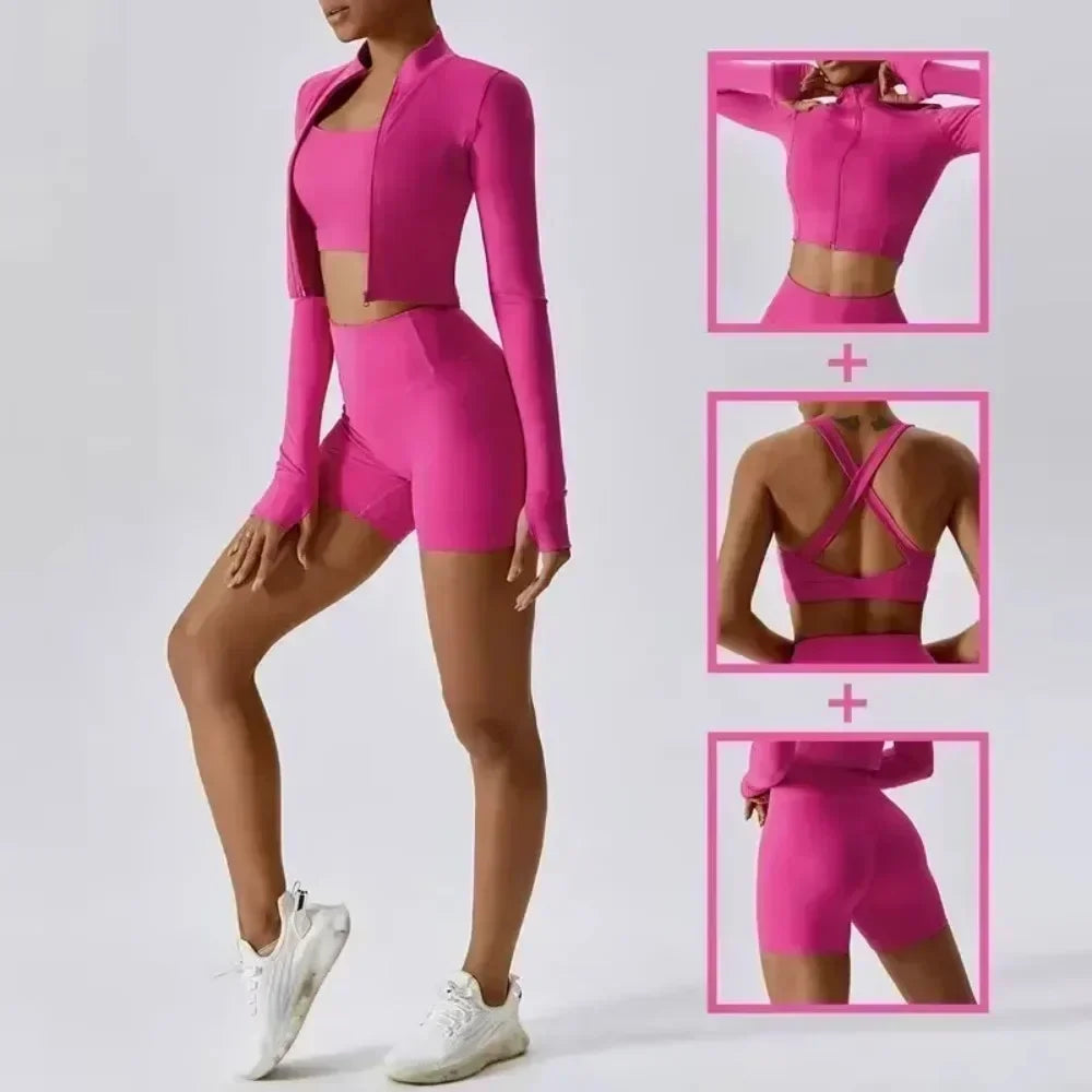 Women's 3-Piece Yoga Set with Bra Jacket Shorts Workout Outfit Naked Feel Fabric for Outdoor Fitness Gym Pilates Activewear