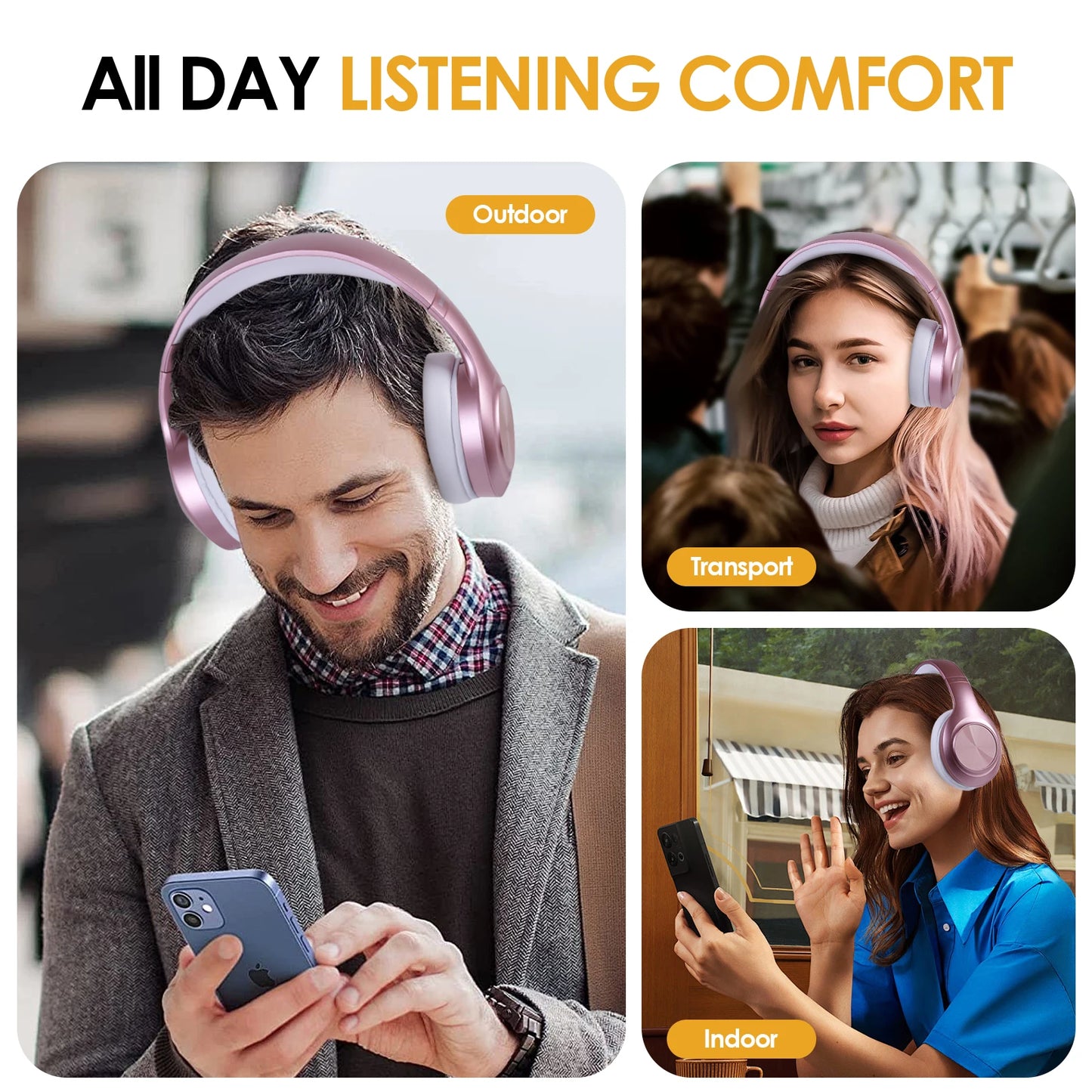 Siindoo JH-923 Foldable Bluetooth Headsets Wireless Headphones Over Ear 3EQ Sound Modes Hi-Res Audio with Mic Deep Bass Rose Red
