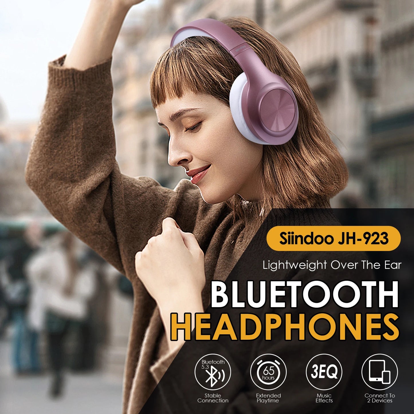 Siindoo JH-923 Foldable Bluetooth Headsets Wireless Headphones Over Ear 3EQ Sound Modes Hi-Res Audio with Mic Deep Bass Rose Red