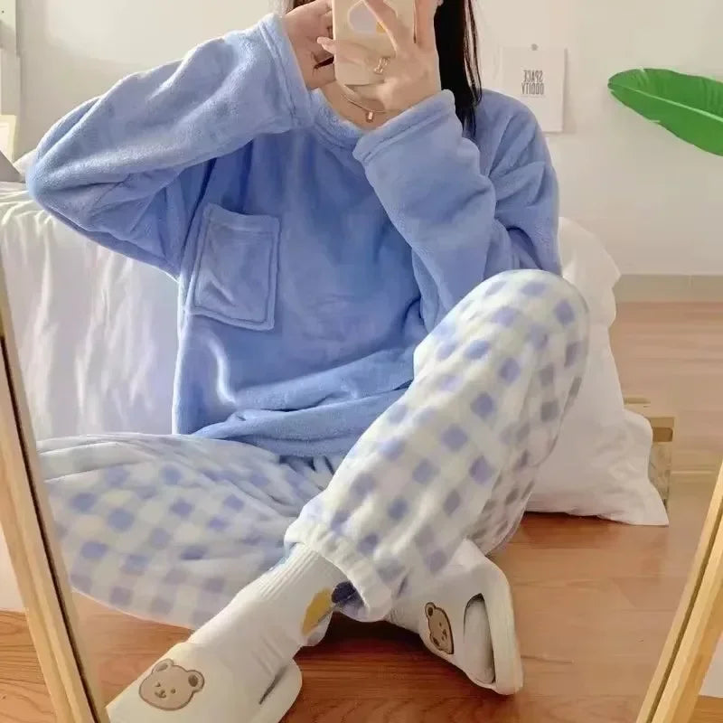 Fleece Thick Warm Womens Pajamas Set Solid Top Plaid Pants