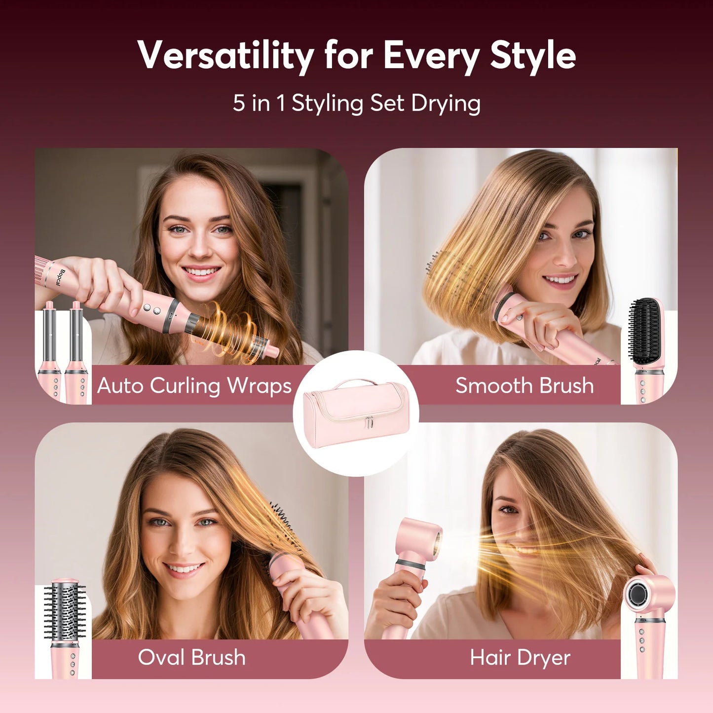 5 in 1 High-Speed Hot Air Styler Frizz-Free Fast Drying No Heat Damage Hair Dryer Curl Volumize Straighten with Travel Bag