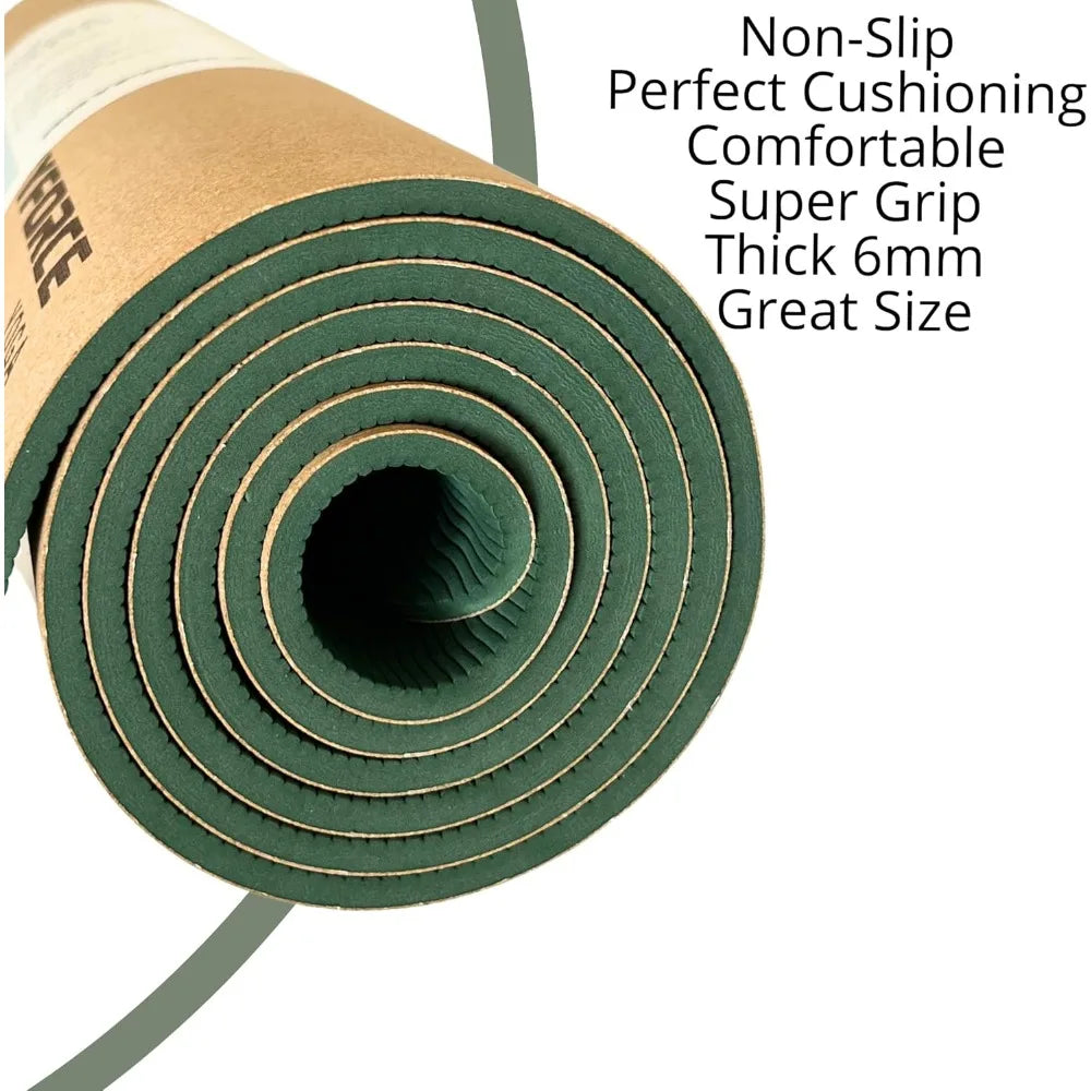 Premium Cork Yoga & Pilates Mat 72x26in, 6mm – Non-Slip XL Exercise Mat with Alignment Lines, Extra Cushion & Carry Strap (Green