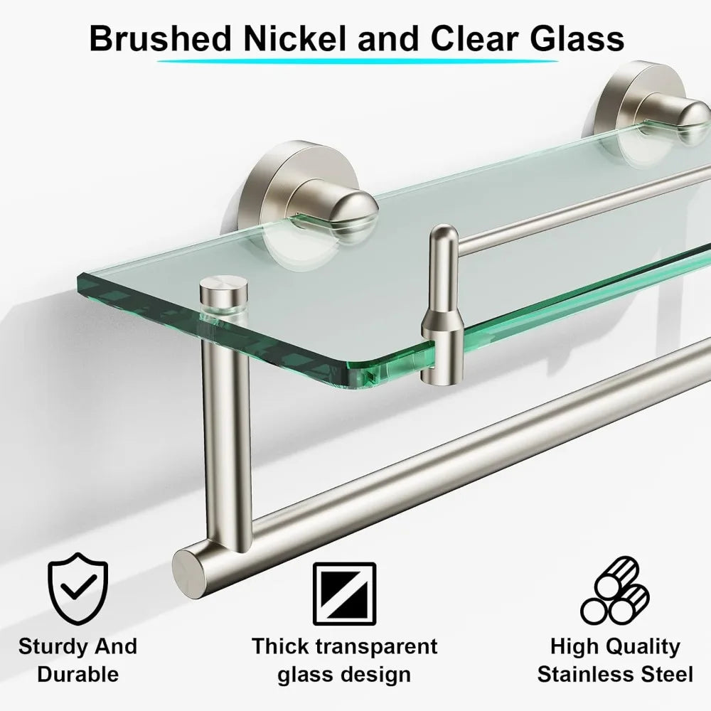 Glass Bath Shelf With Towel Bar And Brushed Finish