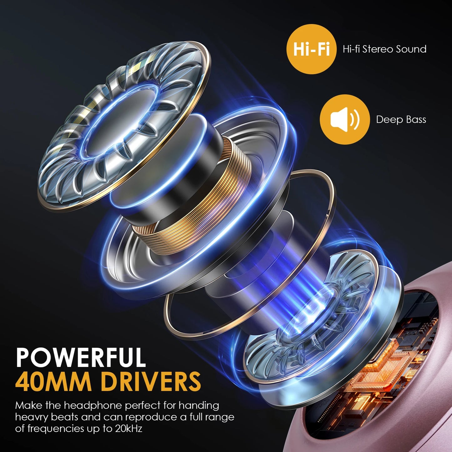 Siindoo JH-923 Foldable Bluetooth Headsets Wireless Headphones Over Ear 3EQ Sound Modes Hi-Res Audio with Mic Deep Bass Rose Red