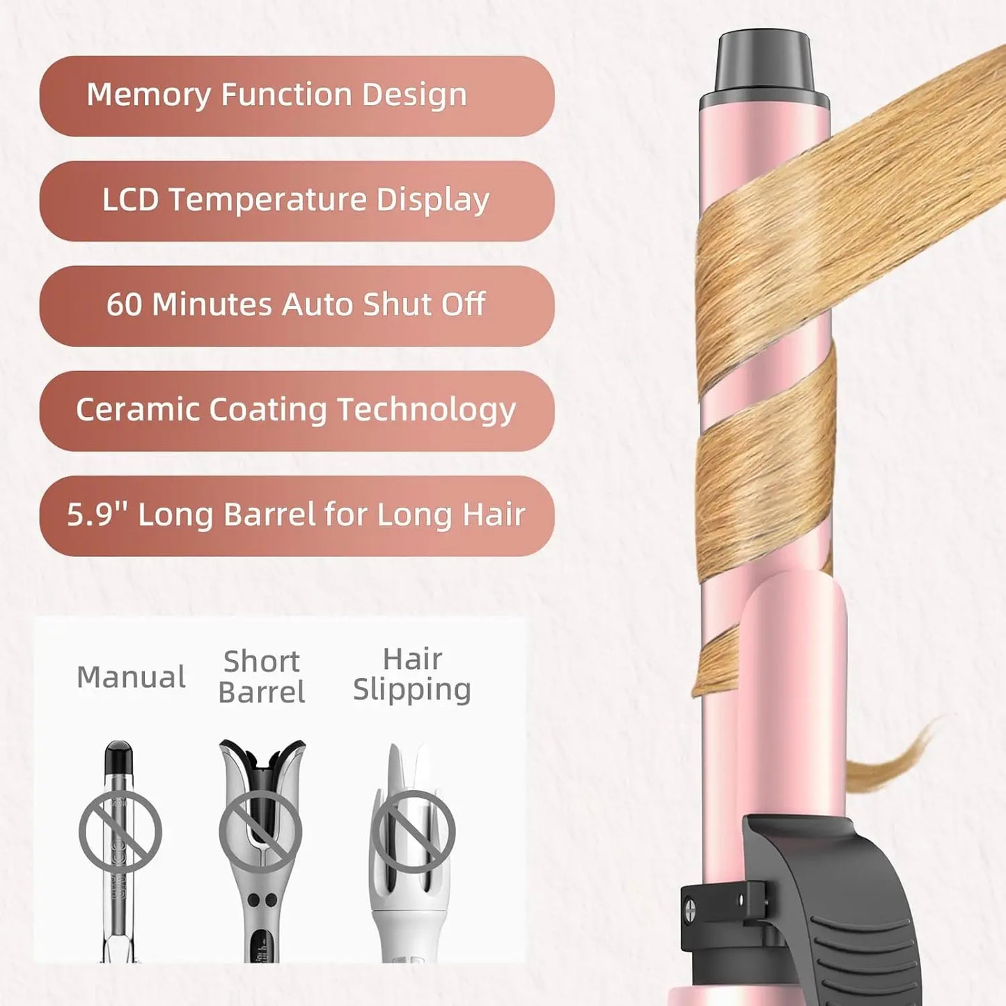 Automatic Rotating Curling Wand With Memory Temperature Modes