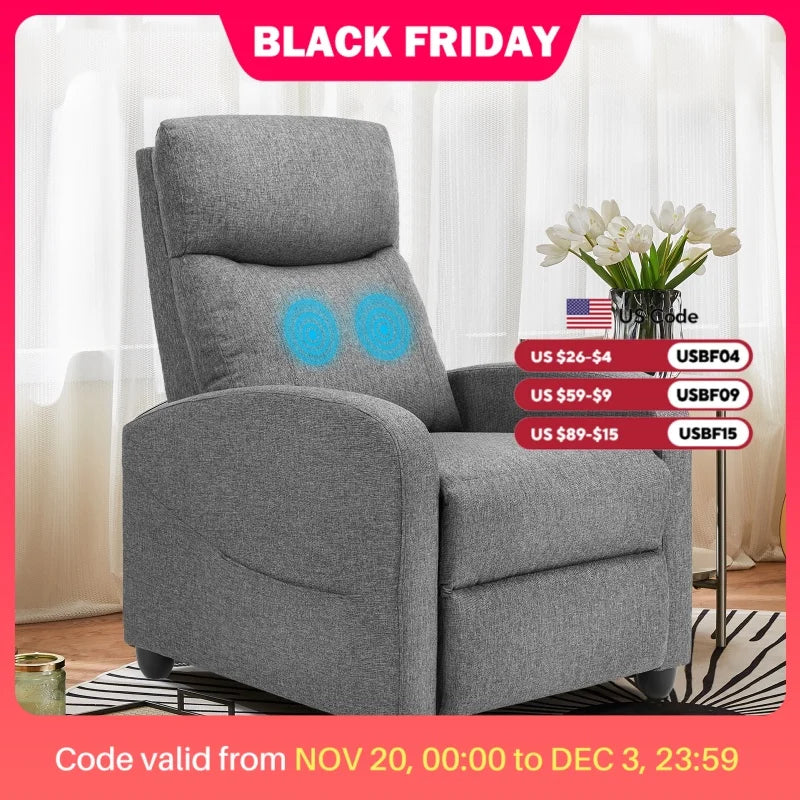 JHK Recliner Chair Massage Sofa Fabric Theater Lumbar Support Adjustable Modern Padded Seat Backrest Living Room Home Grey