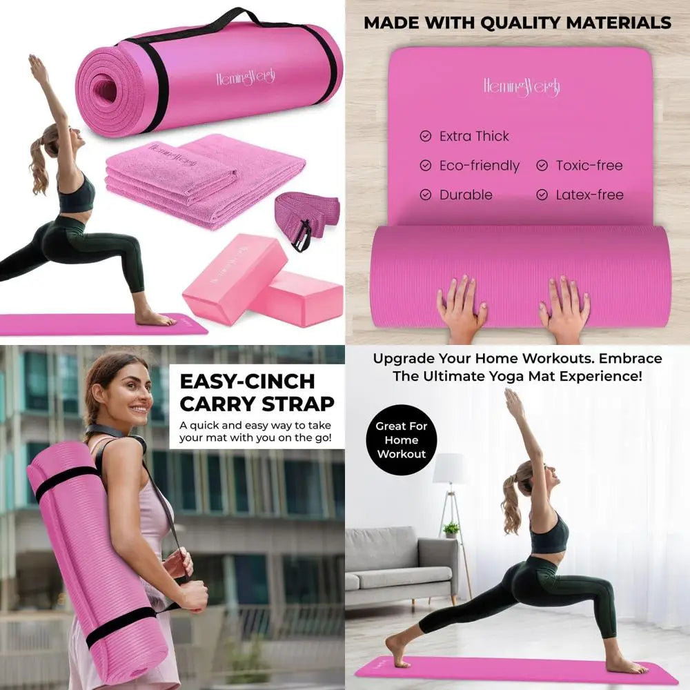 HemingWeigh Thick Yoga Mat Set With Non Slip Mat Blocks Straps Towels For Home Workouts