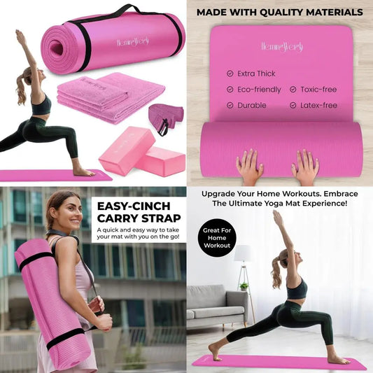 HemingWeigh Thick Yoga Mat Set With Non Slip Mat Blocks Straps Towels For Home Workouts