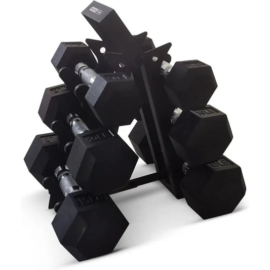 HolaHatha Hexagonal Dumbbell Free Hand Weight Set w/Rack, 5/10/15 Set