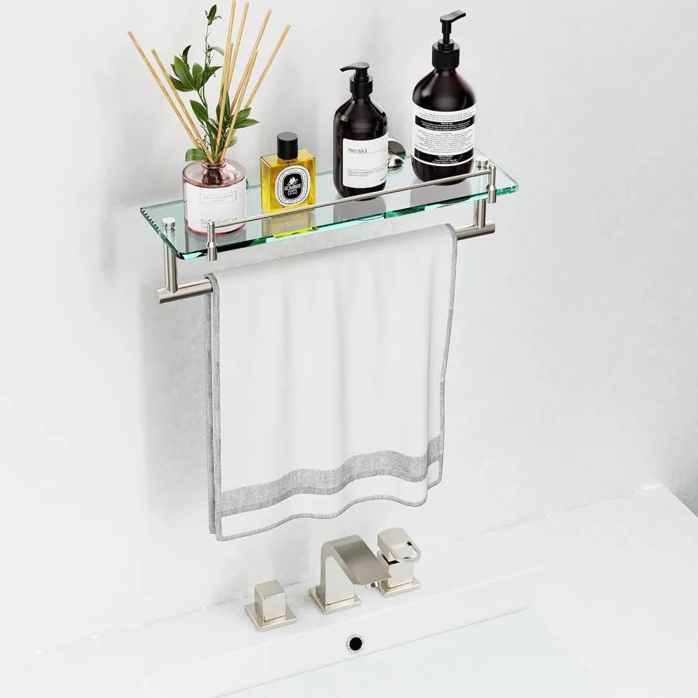 Glass Bath Shelf With Towel Bar And Brushed Finish
