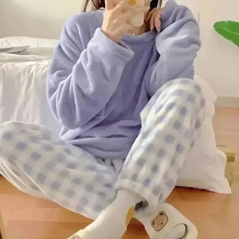 Fleece Thick Warm Womens Pajamas Set Solid Top Plaid Pants