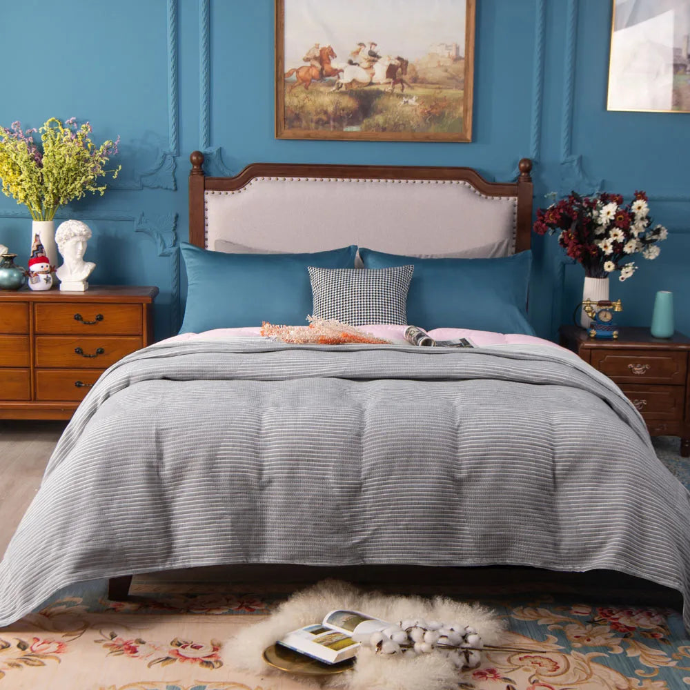 Ntbay 3 Layers Cotton Muslin Bed Blanket, Soft Breathable Thermal Yarn Dyed Quilt for Adults, Perfect Lightweight Blanket