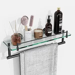 Glass Bath Shelf With Towel Bar And Brushed Finish