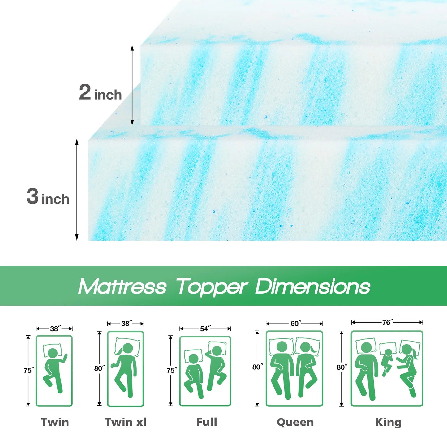 JHK Gel Memory Foam Mattress Topper For Cooling Sleep