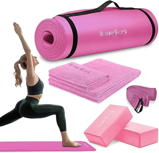 HemingWeigh Thick Yoga Mat Set With Non Slip Mat Blocks Straps Towels For Home Workouts