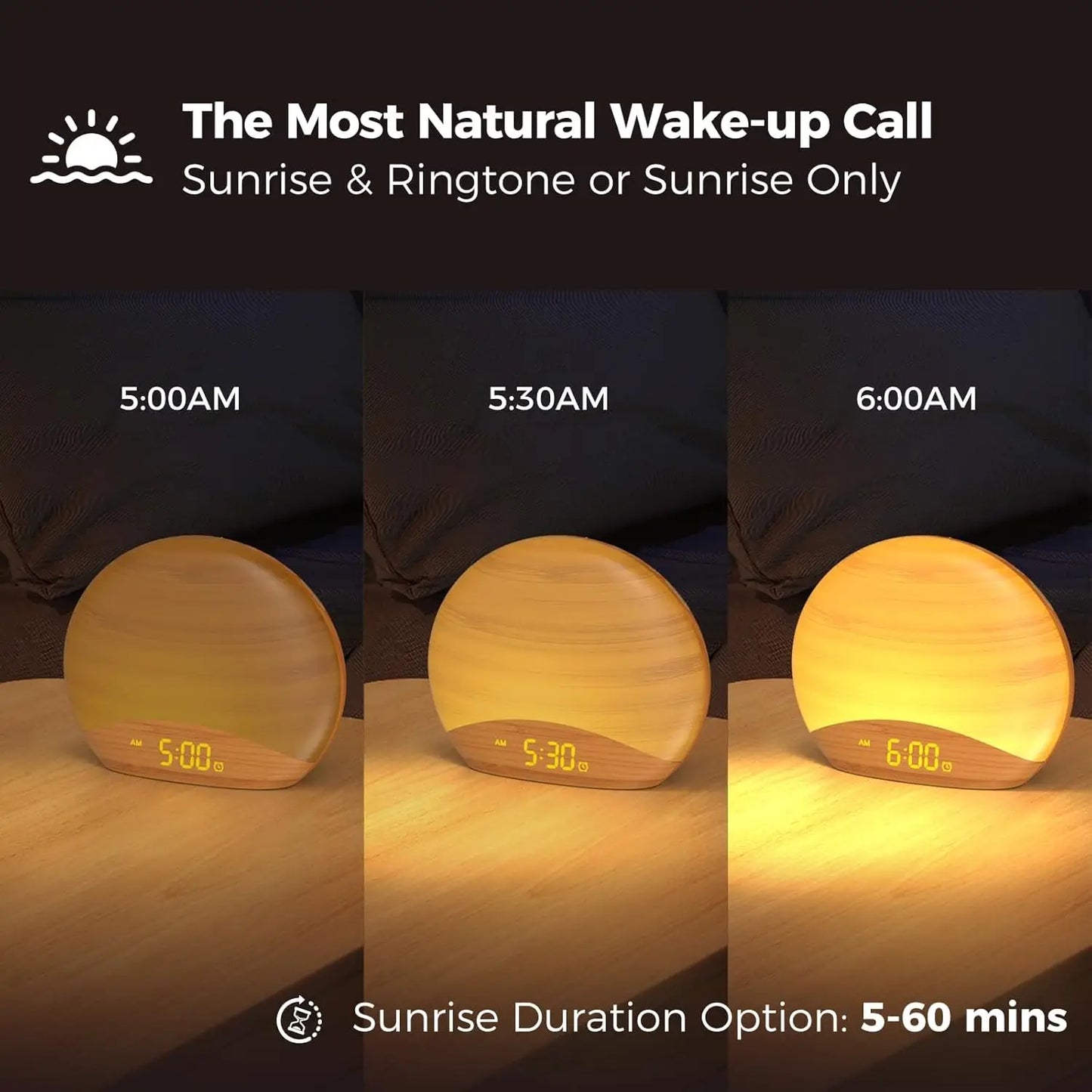 Natural Wood Sunrise Alarm Clock With 26 Soothing Sounds