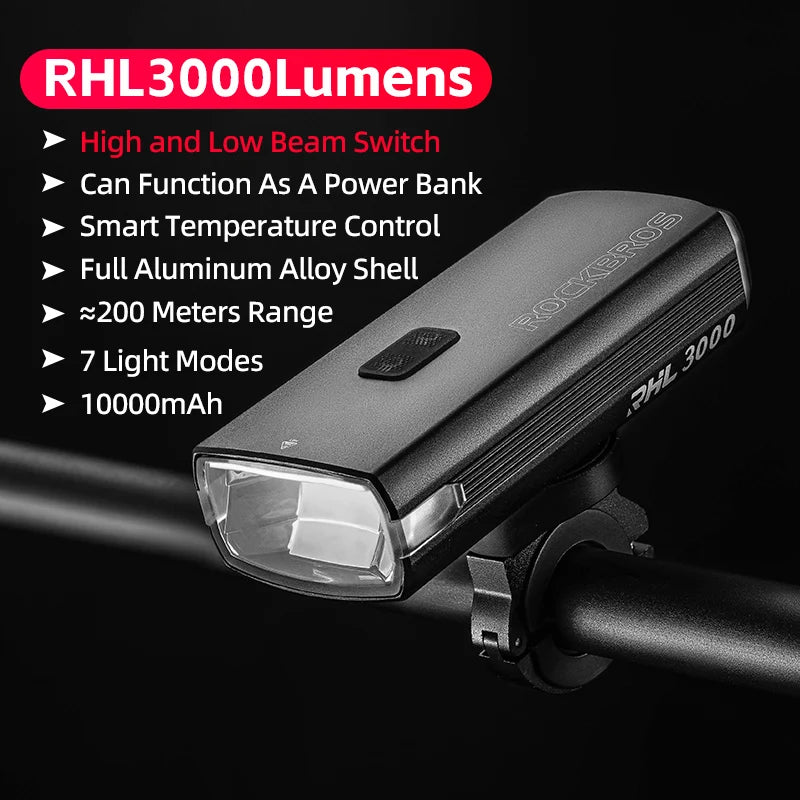 ROCKBROS 3000LM Bike Light With Type C Charging 10000mAh