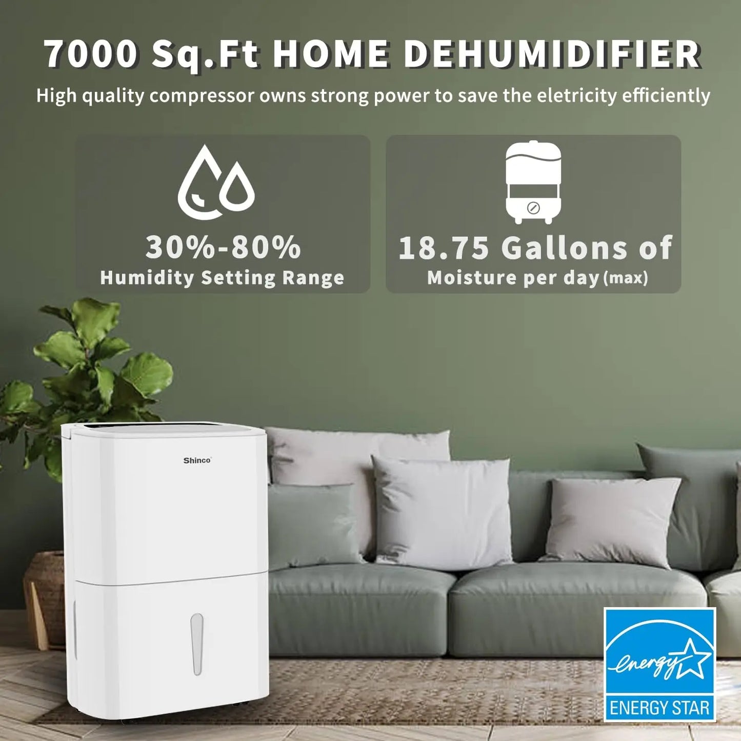 Shinco Energy Star Dehumidifier With WiFi Pump For 7000