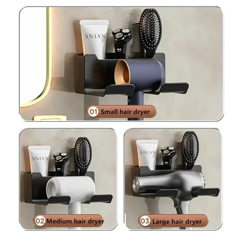 Wall Mounted Hair Dryer Holder No Drilling Adhesive Bathroom Organizer Waterproof Storage Shelf Space Saving Shower Accessories