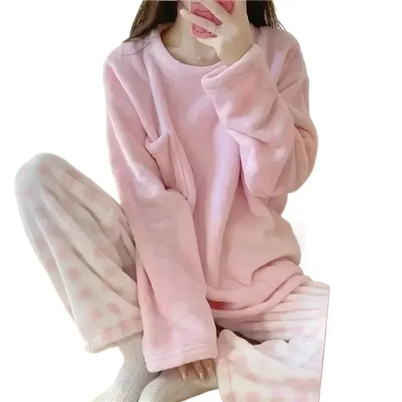 Fleece Thick Warm Womens Pajamas Set Solid Top Plaid Pants