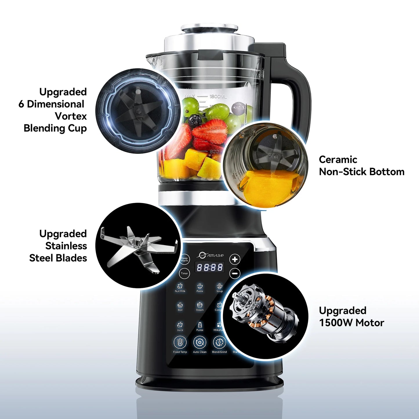 59oz Glass Blenders for Kitchen with Tamper, 1500W High Speed Food Processor, 14 Presets & Auto Clean Countertop Blender