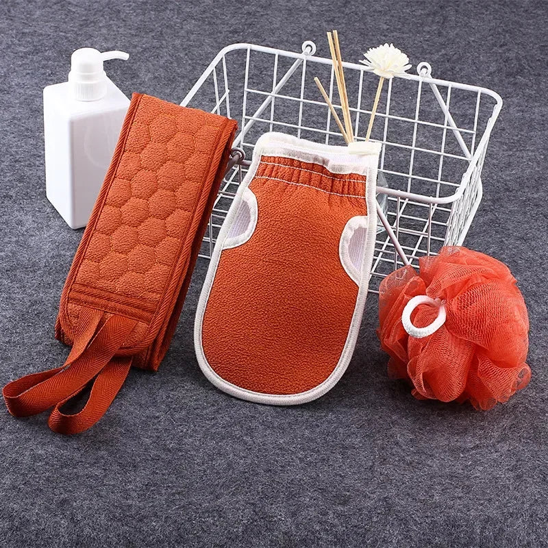 Shower Exfoliating Set With Ball Gloves Towel 3 Piece Bath Accessory
