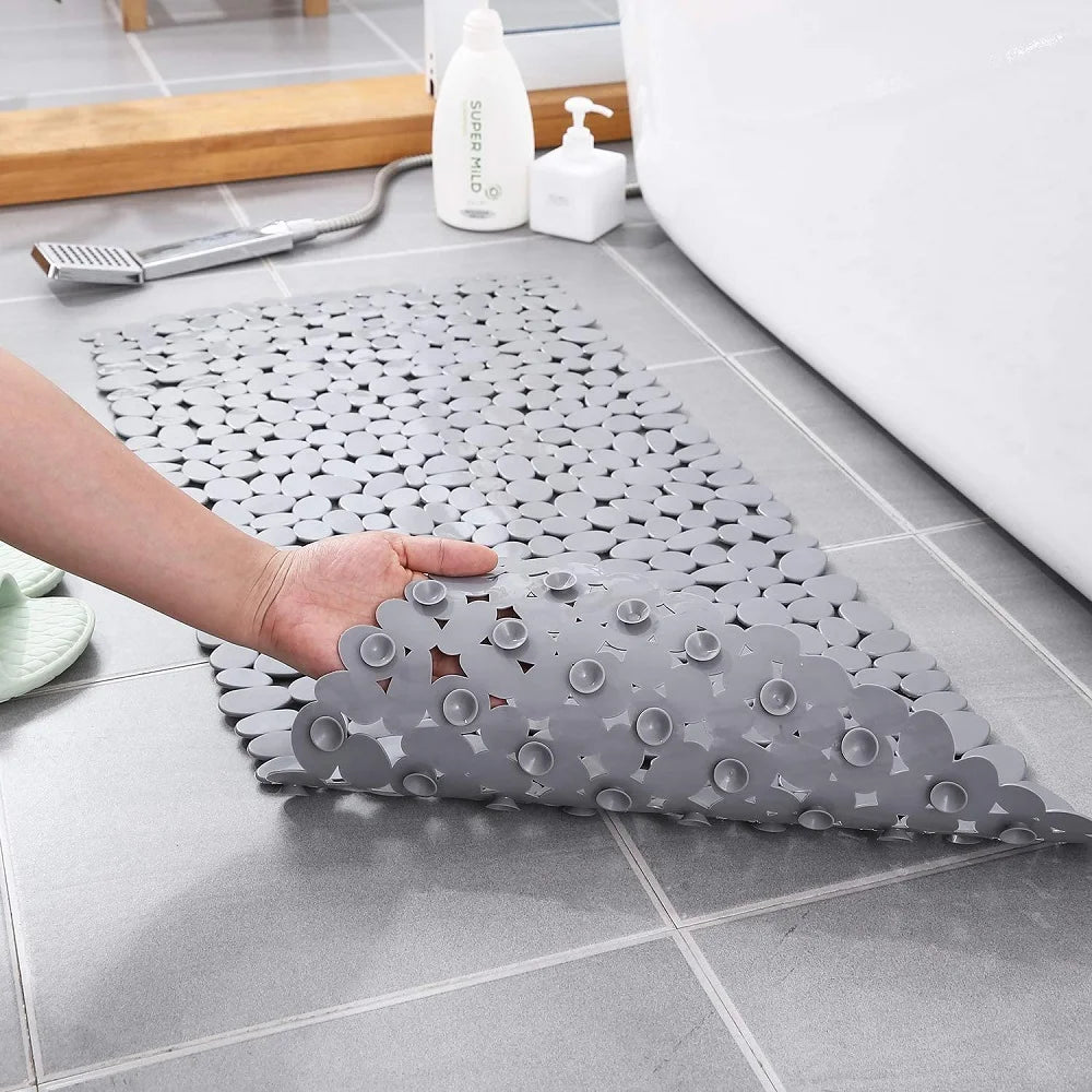 NONECN Non Slip Pebble Bath Mat With Drain Holes Suction Cups Machine Washable