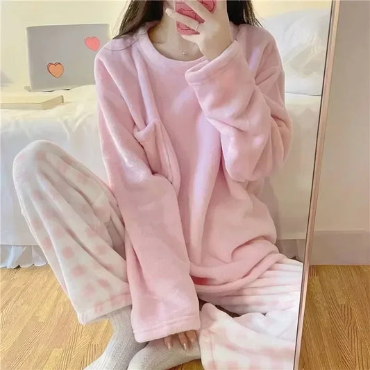 Fleece Thick Warm Womens Pajamas Set Solid Top Plaid Pants