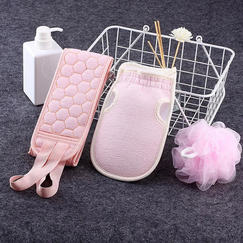 Shower Exfoliating Set With Ball Gloves Towel 3 Piece Bath Accessory