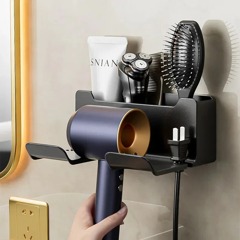 Wall Mounted Hair Dryer Holder No Drilling Adhesive Bathroom Organizer Waterproof Storage Shelf Space Saving Shower Accessories