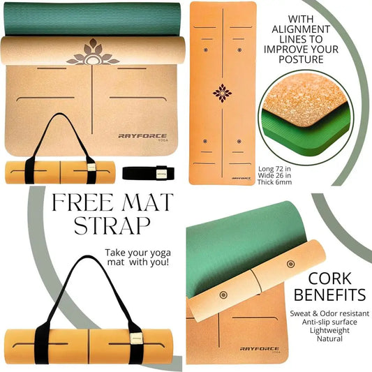 Premium Cork Yoga & Pilates Mat 72x26in, 6mm – Non-Slip XL Exercise Mat with Alignment Lines, Extra Cushion & Carry Strap (Green