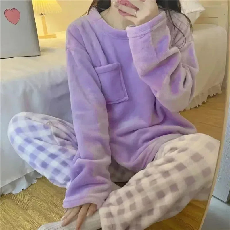 Fleece Thick Warm Womens Pajamas Set Solid Top Plaid Pants
