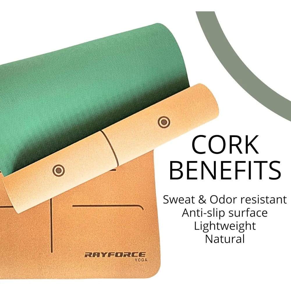 Premium Cork Yoga & Pilates Mat 72x26in, 6mm – Non-Slip XL Exercise Mat with Alignment Lines, Extra Cushion & Carry Strap (Green