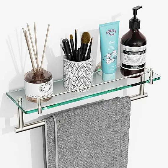 Glass Bath Shelf With Towel Bar And Brushed Finish