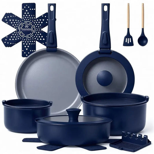 XMSJ 18-Piece Ceramic Nonstick Cookware Set with Removable Handles
