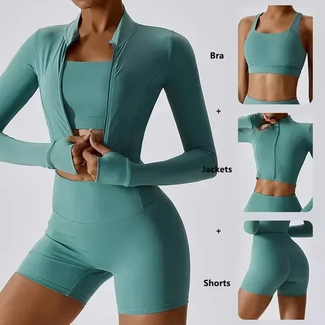 Women's 3-Piece Yoga Set with Bra Jacket Shorts Workout Outfit Naked Feel Fabric for Outdoor Fitness Gym Pilates Activewear