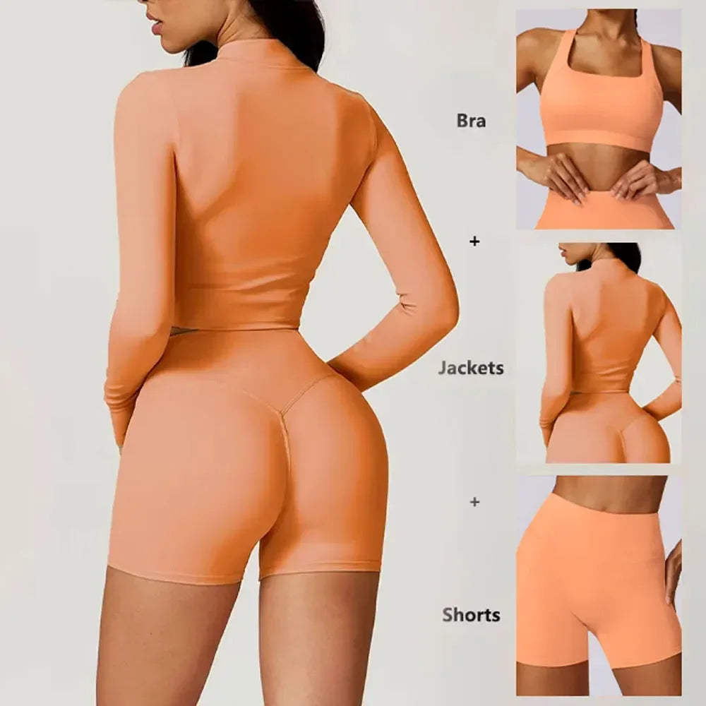 Women's 3-Piece Yoga Set with Bra Jacket Shorts Workout Outfit Naked Feel Fabric for Outdoor Fitness Gym Pilates Activewear