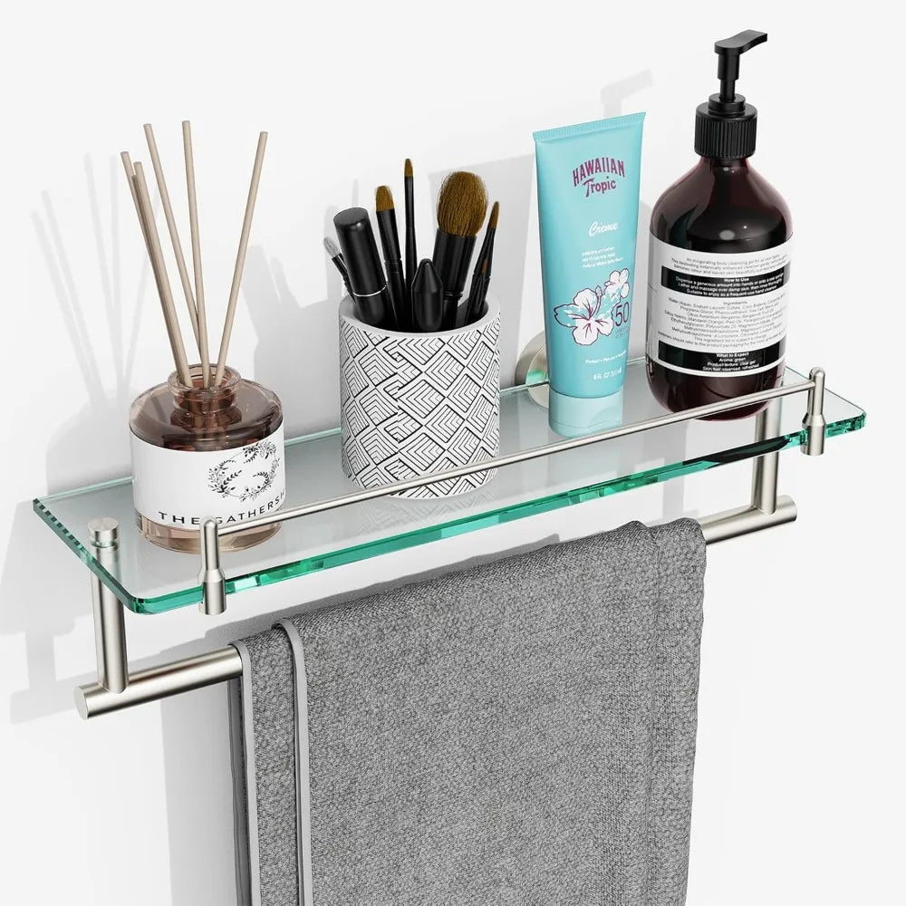 Glass Bath Shelf With Towel Bar And Brushed Finish
