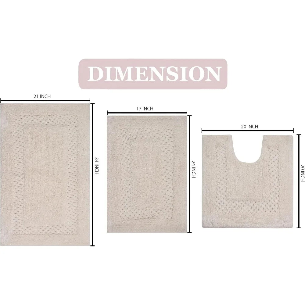 Premium Cotton Bath Rug Set 3-Piece Non-Slip Mats For Home