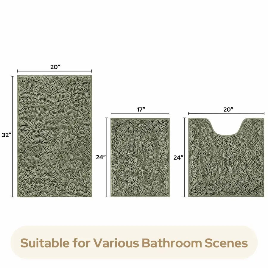Three Piece Bathroom Rug Set Ultra Soft Chenille Bath Mats