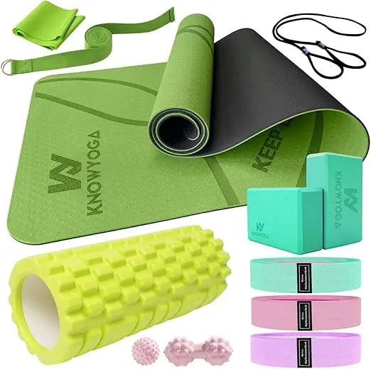 Carzo Yoga Starter Kit 12 in 1 With Mat Foam Roller 4 Resistance Bands Blocks 2 Pack Strap Peanut Massage Balls