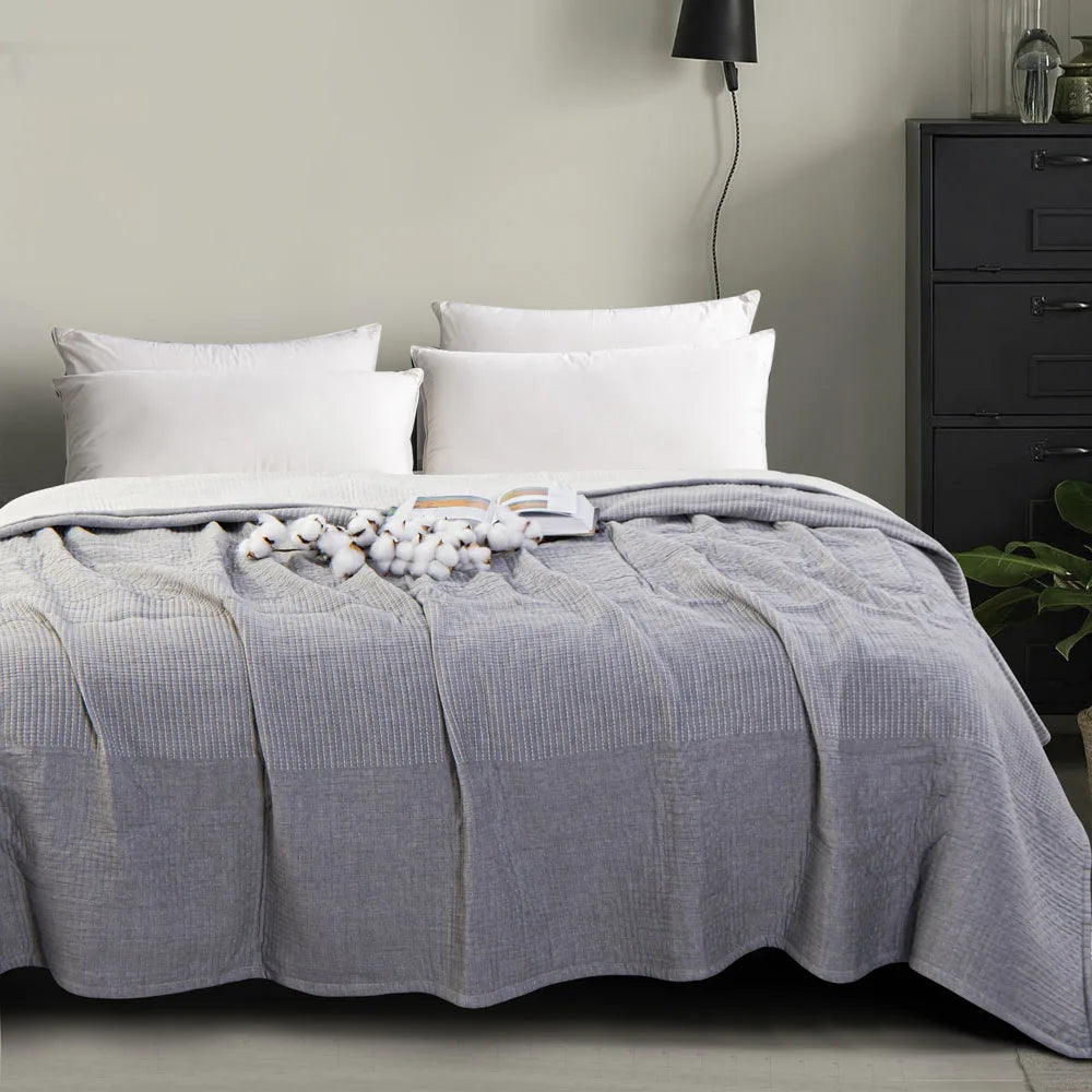 Ntbay 3 Layers Cotton Muslin Bed Blanket, Soft Breathable Thermal Yarn Dyed Quilt for Adults, Perfect Lightweight Blanket