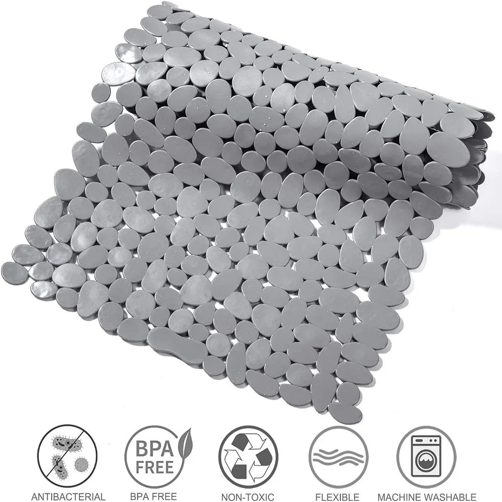NONECN Non Slip Pebble Bath Mat With Drain Holes Suction Cups Machine Washable
