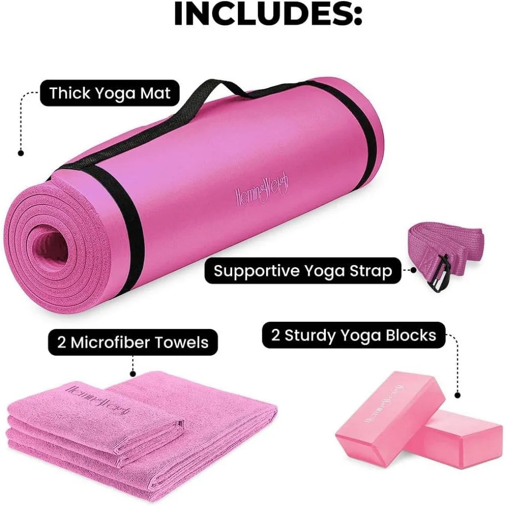 HemingWeigh Thick Yoga Mat Set With Non Slip Mat Blocks Straps Towels For Home Workouts